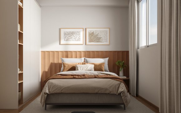 Quarto de casal com cabeceira em madeira