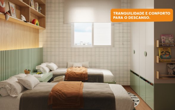 Quarto infantil com duas camas e prateleiras