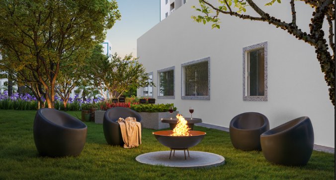 Jardim com poltronas e lareira externa